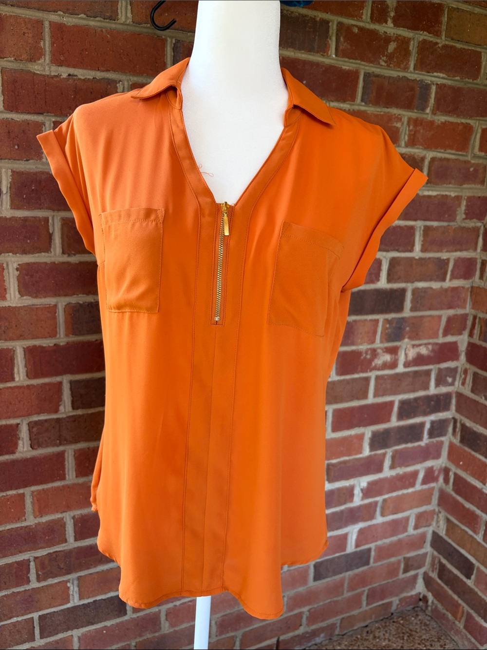 Short-Sleeve Zip Front Blouse in Vibrant Orange